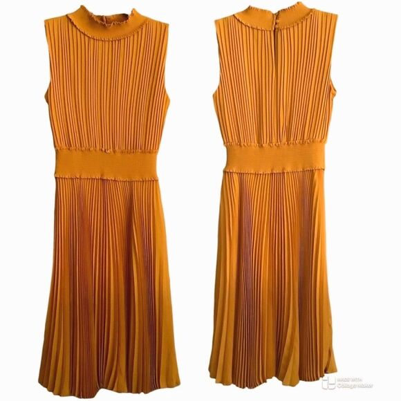 Nanette Lepore Pleated Midi Dress Mock Neck Sleeveless Fit & Flare - Picture 3 of 10